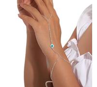 Aneneiceera Boho Blue Eyes Silver Bracelet Silver Ring Wrist Bracelet Vintage Slave Bracelet Minimalist Ring Chain Bracelet Hand Chain for Women and Girls