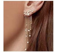 Aneneiceera Boho Crystal Chain Tassel Earrings Gold Shooting Star Ear Jacket Earrings Rhinestone Star Climber Crawler Earrings Luxury Cz Long Chain Earrings Jewelry for Women and Girls (Gold)