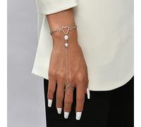 Aneneiceera Boho Finger Ring Love Bracelet Layering Pearl Silver Hand Chain Silver Slave Finger Ring Beaded Bracelet Bangle Bridal Handpiece Hand Harness Jewelry for Women and Girls