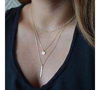 Aneneiceera Boho Layered Bar Coin Necklace Sequins Choker Gold Round Disc Necklace Bar Pendant Multilayer Necklace Chain Wedding Jewelry Long Necklaces for Women and Girls for Gift