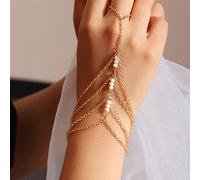 Aneneiceera Boho Layered Chain Bracelet Finger Chain White Bead Link Wrist Chain Harness Hand Chain Gold Layered Slave Bracelet Vintage Multi-layer Bracelet Jewellery for Women Girls