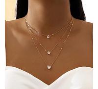 Aneneiceera Boho Layered Shining Rhinestone Star Necklace Water Droplets Crystal Love Pendant Choker Necklace Gold Chain Multi-Layered Necklace Jewelry for Women Girls