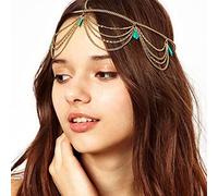 Aneneiceera Boho Layered Turquoise Headband Headchain Gold Tassel Dangle Teardrop Hair Chain Gypsy Headpieces Festival Prom Wedding Hair Accessories for Women and Girls