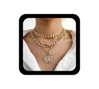 Aneneiceera Boho Multilayer Coin Necklace Vintage Gold Chunky Link Cuban Chain Choker Rock Statement Layered Coin Necklace Disc Coin Pendant Necklace Charm Jewelry for Women and Girls(Gold)