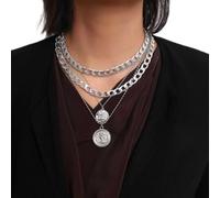 Aneneiceera Boho Multilayer Coin Necklace Vintage Silver Chunky Link Cuban Chain Choker Rock Statement Layered Coin Necklace Disc Coin Pendant Necklace Charm Jewelry for Women and Girls(Silver)