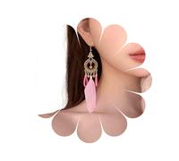 Aneneiceera Boho Pink Feather Earrings Vintage Tribal Feather Tassel Earring Indian Ethnic Earring Silk Tassel Leaf Dream Catcher Earrings Jewelry for Women (Pink)