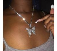 Aneneiceera Crystal Large Butterfly Necklace Choker - Silver CZ Tennis Chain With Sparkly Pendant - Bling Rhinestone Prom Jewelry Gift for Women Girls
