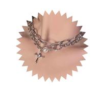 Aneneiceera Punk Cross Choker Layered Necklace Silver Chain Cross Tiny Pearl Pendant Choker Chunky Paperclip Chain Statement Rock Layered Necklace Jewelry for Women Girls