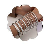 Aneneiceera Punk Layered Bangle Bracelet Set Silver Chunky Bangle Cuff Bracelet Metal Cuff Bangle Bracelets Multi Layer Textured Cuff Bracelet Chunky Hammered Jewelry for Women and Girls 10Pcs(Silver)