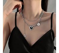 Aneneiceera Punk Layered Mosaic Heart Necklace Silver Cuban Chain Choker Rock Black Mosaic Statement Heart Choker I Love You Coin Necklace Charm Jewelry for Women and Girls(Style A)