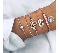 Aneneiceera Simple Tree of Life Bracelet Love Map Hand Chain Boho Pink Beaded Gold Bracelets Hand Chain Set Jewelry Gifts for Women Teen Girls 5-piece set