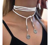 Aneneiceera Vintage Long Vagan Suede Necklace White Boho Leather Wrap Choker Necklace Leather Disc Coin Necklace Sweater Chain Jewelry for Women and Girls