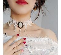 Aneneiceera White Boho Opal Flower Lace Choker Necklace with White Teardrop Pearl Pendant, Gothic Droplet Collar, Retro Vintage Chain Jewelry for Women and Girls