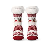 Anevous Warm Hut Socks for Men and Women, Cuddly Socks with ABS Sole, Thick Non-Slip Stopper Socks with Sherpa Fleece Lining, Christmas Socks, Slippers and Sleeping Socks, Red Love Elk