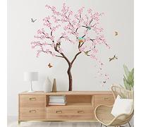 AnFigure Pink Blossom Tree Wall Stickers Living Room Women Bedroom Girls Room Wall Decals Birds on Branch Butterfly Nature Plant Flower Wall Sticker TV Sofa Background Wall Decor (Tree H: 34")
