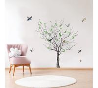 AnFigure White Plum Blossom Tree Wall Stickers Living Room Bedroom Sofa Backdrop TV Leaves Wall Decals Birds Branch Nature Plant Flower Wall Sticker Family Tree Wall Decal Home Wall Decor (Tree H:39")