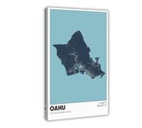 ANFOTCM Oahu Map, Hawaii, Hawaiian Islands Canvas Wall Art Print Poster For Home School Office Decor 24x36inch(60x90cm)