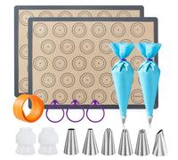 Angadona Macaron Silicone Baking Mats Kit (16pcs Set) Macaroon Baking Mat Set of 2 Half Sheet Macaron Silicone Mat Nonstick Macaron Mat Sheet,6 Piping Tip,2 Piping Bag with 3 Bag Tie,2 Coupler