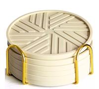 Angardy Homeware Silicone Coasters Set of 6 - with Gold Holder, Modern Grooved Pattern to Prevent Sticking, Non-Slip & Non-Stick - Round 4" - Perfect for Coffee Tables - Beige
