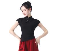 Angcoco Women's Chinese Mandarin Collar Cap Sleeve Cheongsam Top Black