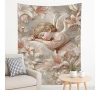 Angel and Lily Beige Tapestry, Floral Dreamy Wall Hanging, Ethereal Tapestries Aesthetic for Bedroom, Living Room, Meditation Space 70x90 Inch