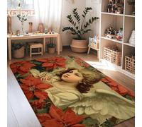 Angel Area Rug, Christmas Traditional Poinsettia Star Christmas Red Non-Slip Home Floor Rectangle Print Carpet Rugs for Living Room Bedroom Under Table Dining Decor 4' X 6'