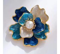 Angel Barocco Enamel Peony Freshwater Pearl Brooch - Blue