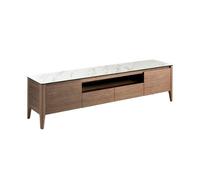 Angel Cerda Elegant Walnut Tv Stand With Glass Top Imitating Marble Finish