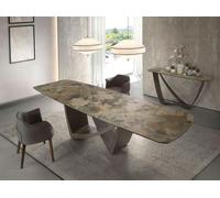 Angel Cerda Stylish Oval Extending Dining Table With Porcelain Marble Top And Taupe Steel Legs