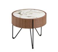 Angel Cerda Elegant Round Corner Table In Porcelain Marble And Walnut With Black Steel Legs