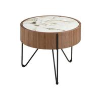Angel Cerda Elegant Round Corner Table In Porcelain Marble And Walnut With Black Steel Legs