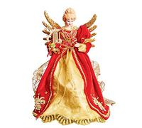 Angel Christmas Tree Decoration - Angel with Red and Gold Harp - Gold Metal Wings