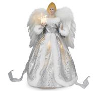 Angel Christmas Tree Topper, Christmas Angel Treetop Figurine, Indoor Christmas Decoration with Feather Wings, 12.6in (Silver Angel)