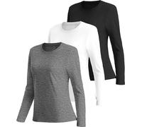 ANGEL CITIZ 3 Pack Womens Long Sleeve Running Top Gym Shirts Yoga Worout Tops Quick Dry Ladies Basic Plain Soft Tee UPF 50+