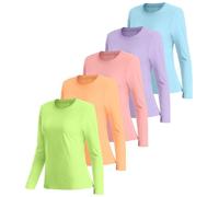 ANGEL CITIZ 5 Pack Womens Long Sleeve Running Top Gym Shirts Yoga Worout Tops Quick Dry Ladies Basic Plain Soft Tee UPF 50+