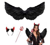 Angel Devil Wings Black, Angel Wings with Devil Horns & Wand Angel and Devil Wings Costume Women, Angel Devil Wings Adult for Halloween Carnival Cosplay
