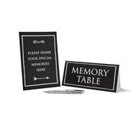 ANGEL & DOVE Set of 2 Funeral Memory Table Signs (Black) & 'Memories Last Forever' Chrome Metal Pen