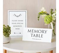 ANGEL & DOVE Set of 2 White Card Signs 'Memory Table' & 'Share Your Memories' - For Funeral Condolence Book, Memorial, Celebration of Life