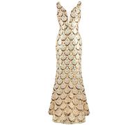 Angel-fashions Women V Neck Splicing Tulle Pattern Sequin Elegant Long Mermaid Prom Party Dress Gold Size 6