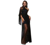 Angel-fashions Women's Asymmetrical One Shoulder Floral Lace Cloak Sleeve Illusion Halter Long Evening Dress Size 20