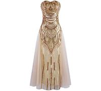 Angel-fashions Women's Champagne Sequin Strapless Sweetheart Mesh Lace up Banquet Dress Size 12