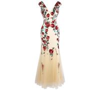Angel-fashions Women's Deep V Neck Rose Sequin Sheath Prom Dresses Red M