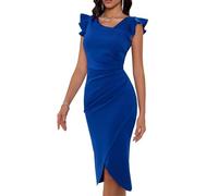 Angel-fashions Women's Elegant Ruffle Sleeve Bodycon Cocktail Dress Pleated Midi Dress with Slit for Weddings & Formal Party Royal Blue Size 10