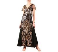 Angel-fashions Women's Evening Gown V Neck Black Gold Sequin Vintage Long Formal Dress with Mesh Sleeves Size 14
