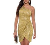 Angel-fashions Women's Gold Sequin One Shoulder Dress Elegant Asymmetrical Cocktail Dress for Evening and Party Wear Size 12