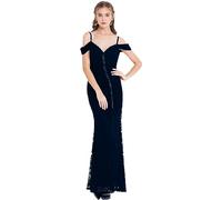 Angel-fashions Women's Off Shoulder Lace Split Ruffled Beading Sheath Wedding Dress, Dark Blue, XL