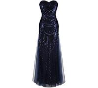 Angel-fashions Women's Sequin Strapless Sweetheart Mesh Lace up Banquet Dress, Dark Navy, S