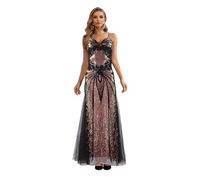 Angel-fashions Women's Sequined V-Neck Gown Elegant Tulle Evening Dress with Criss-Cross Back Straps Size 14 Black