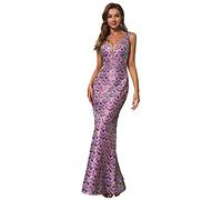 Angel-fashions Women's V Neck Splicing Tulle Pattern Sequin Elegant Long Mermaid Prom Dress Purple Size 18