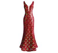 Angel-fashions Women's V Neck Splicing Tulle Pattern Sequin Elegant Long Mermaid Prom Dress Wine Red Size 22